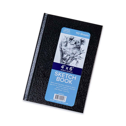 Black 4 x 6 inch sketchbook with a blue label on a white background