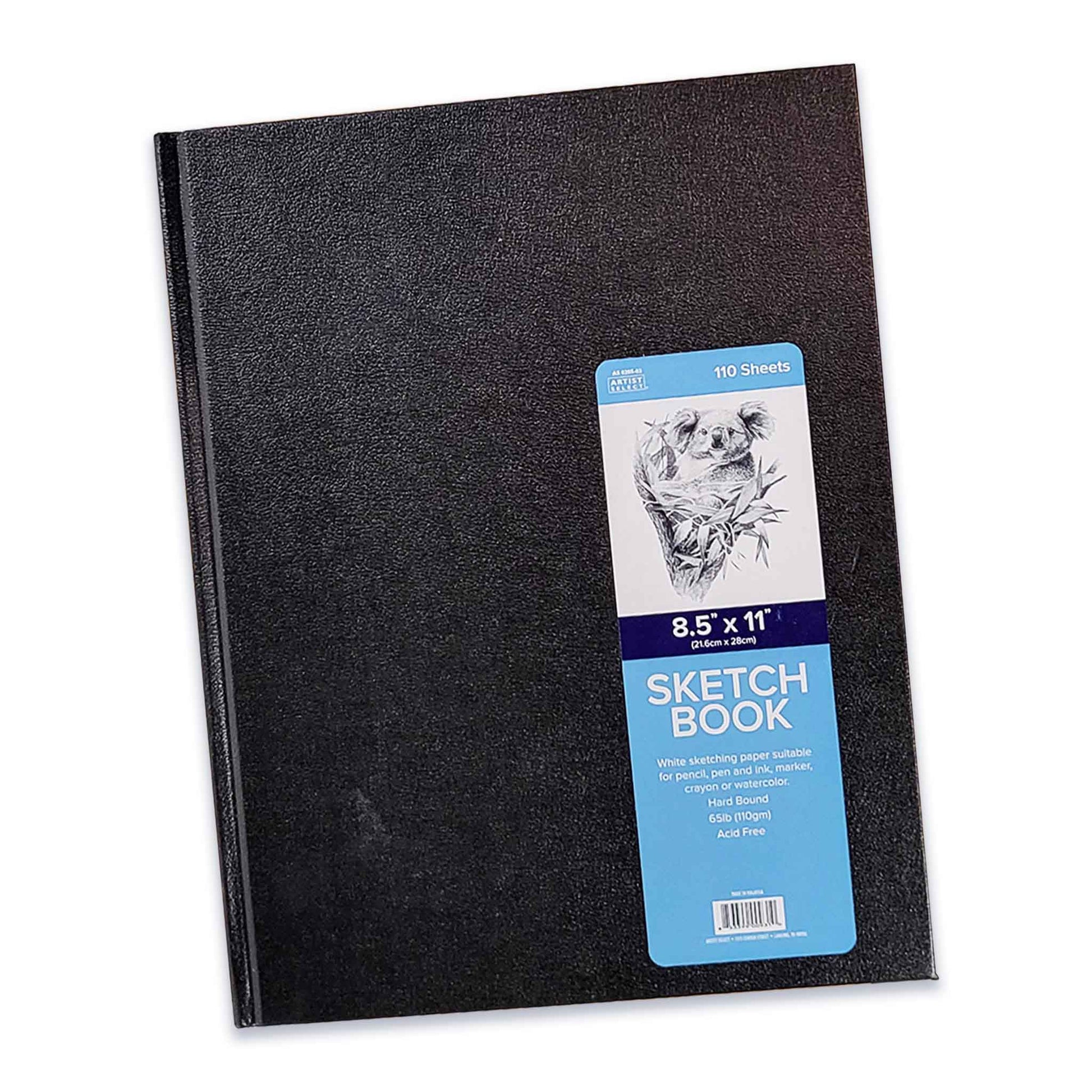 Black 8.5 x 11 inch sketchbook with a blue label on a white background