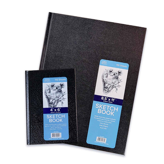 Two black sketch books with blue labels on a white background