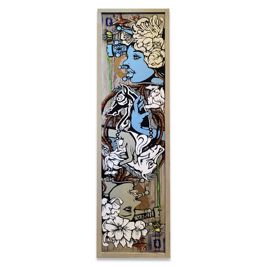 Framed multicolored painted canvas of playing cards characters