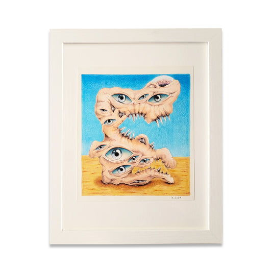 White picture frame with creature with eyes on paper