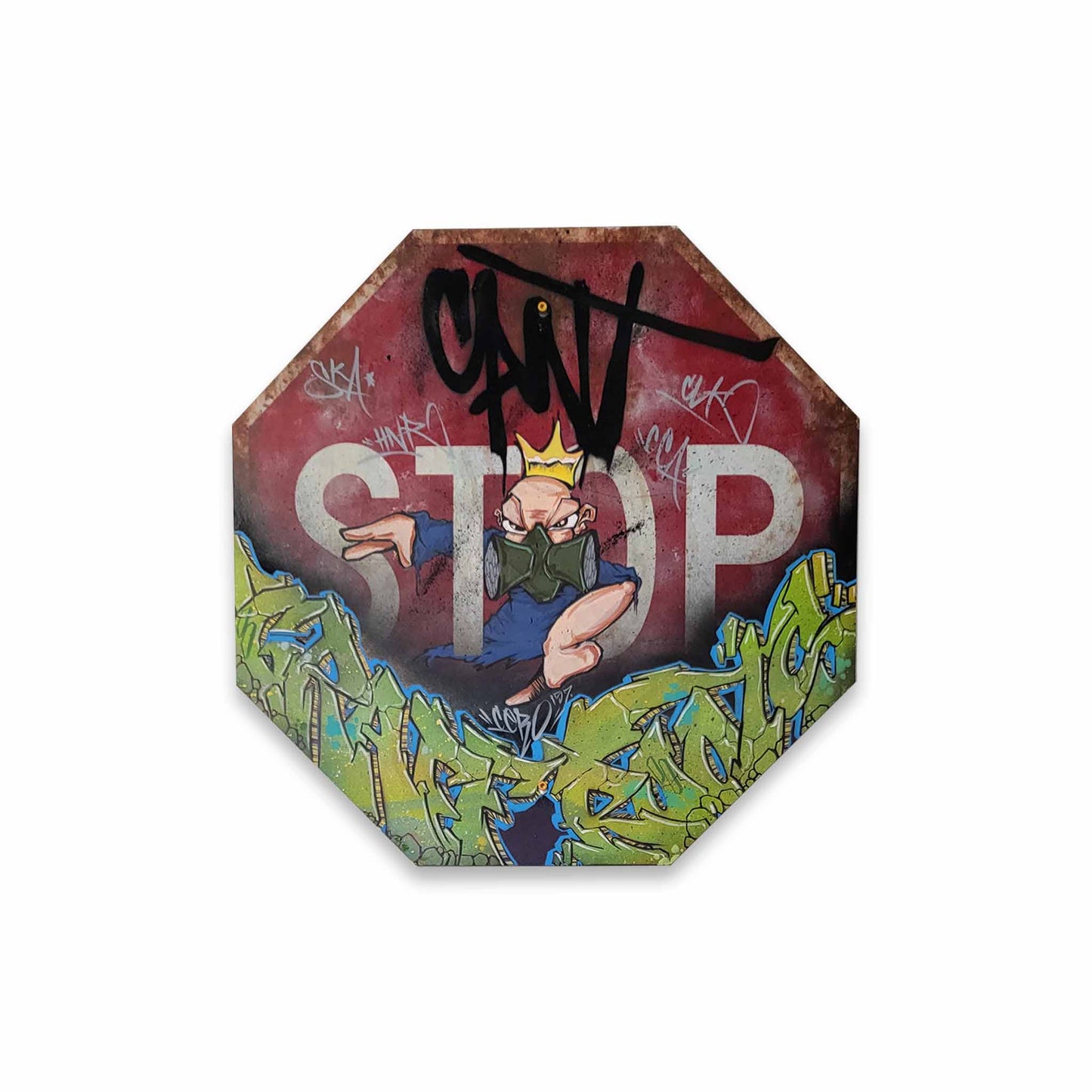 Octagonal sign with a cartoon character and 'STOP' text, surrounded by graffiti on a white background.