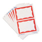 Stack of Avery name badge labels with red borders on a white background.