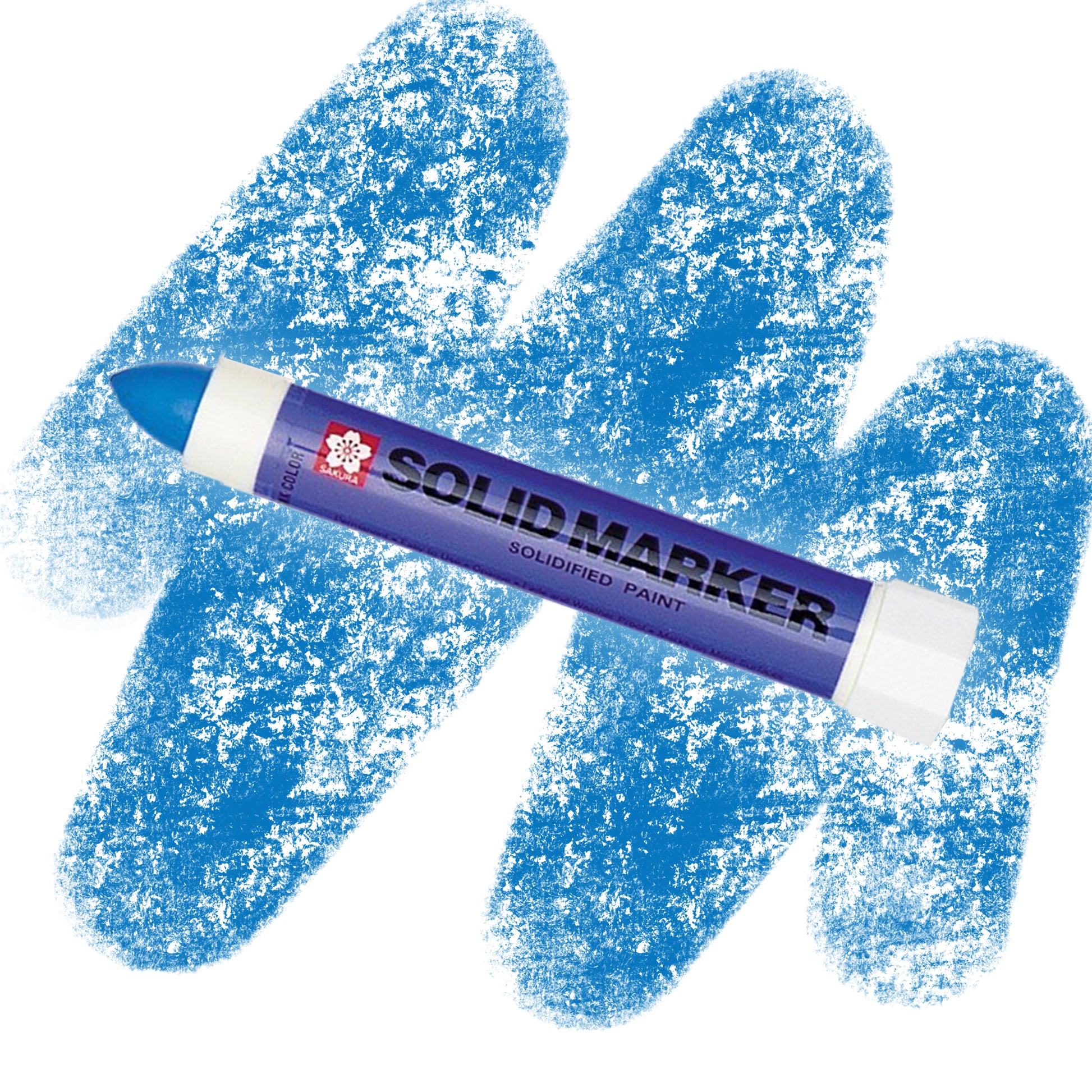 A blue marker with a purple label that reads " SOLID MARKER" with a blue crayon swatch.