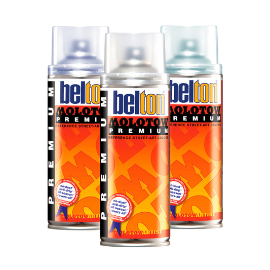 A grouping of three spray paint cans with transparent colored caps and orange labels reading" Belton - Molotow"