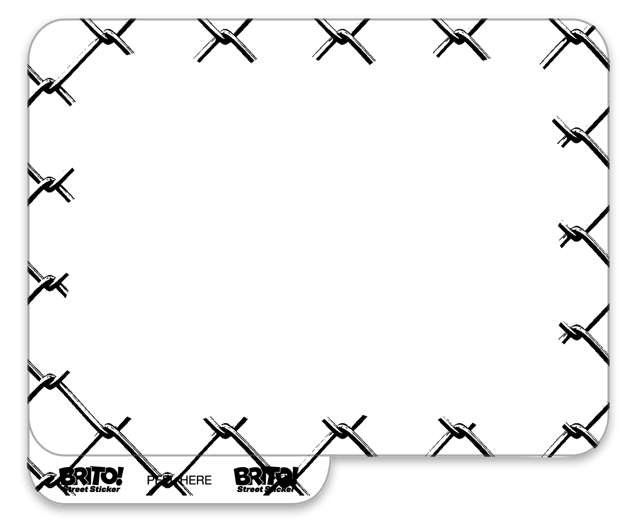 black and white brito sticker with a fenced frame.