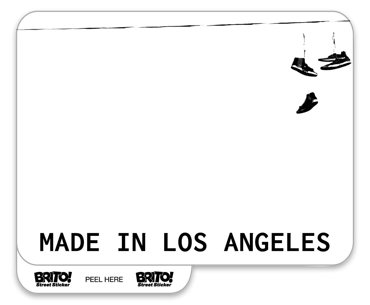 this custom "made in los angeles" brito sticker displays shoes hung on a powerline in black and white. 
