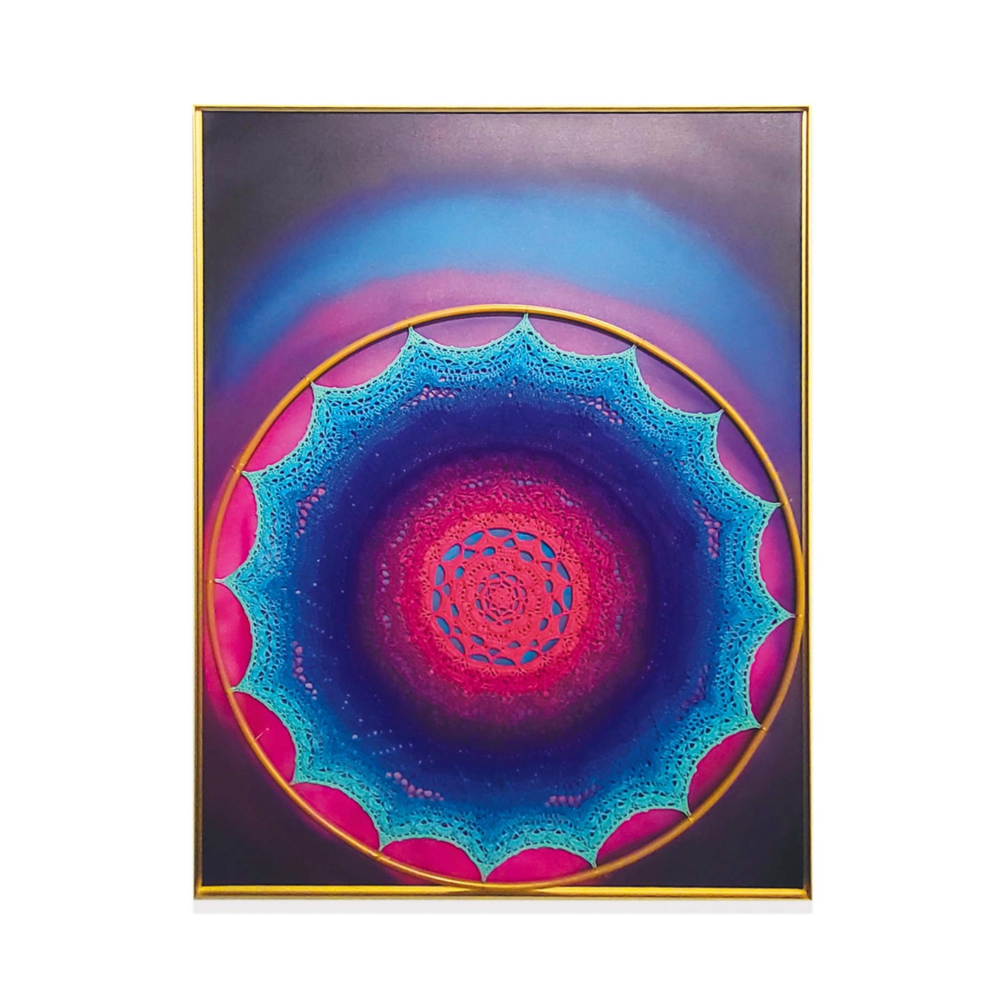 Colorful circular design with concentric patterns on a white background.