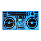 Blue and black graphic of a vintage boombox on a white background.
