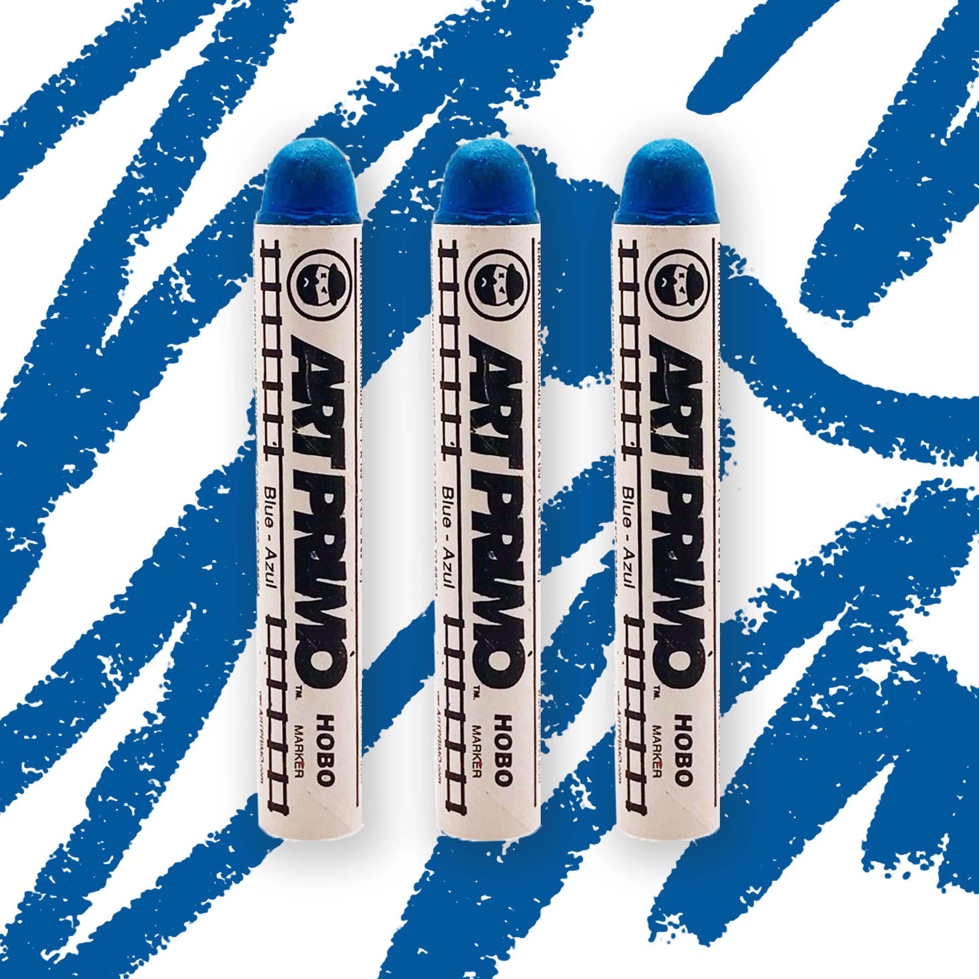 Three blue crayon type markers with a white label reading "Art Primo"