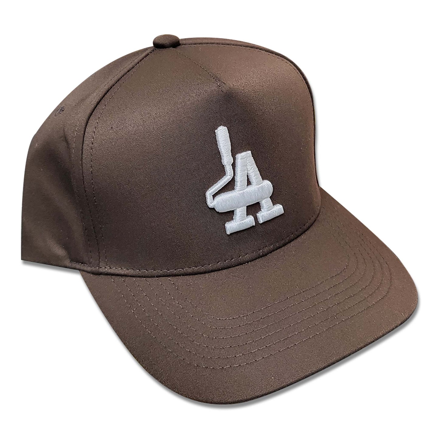 Brown hat with white embroidery of paint rollers in the shape of the acronym LA.