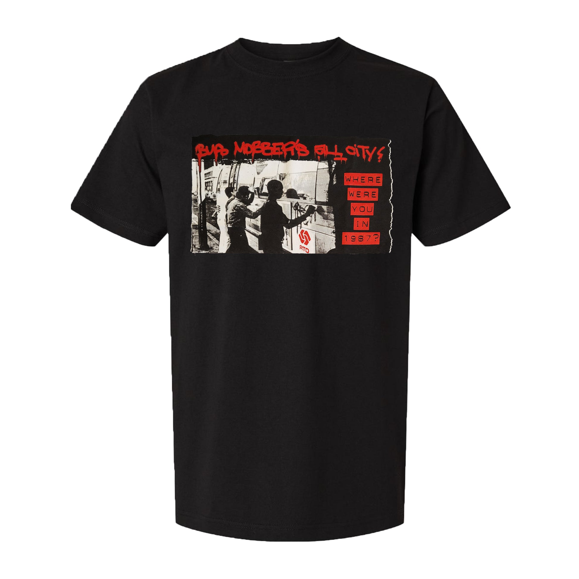 Black shirt with red and white graffiti print with writing bus mobbers all city
