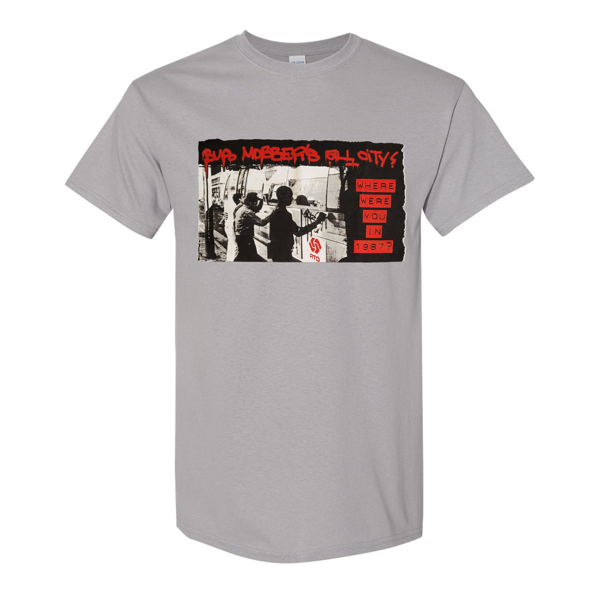 Grey shirt with red and white graffiti print with writing bus mobbers all city