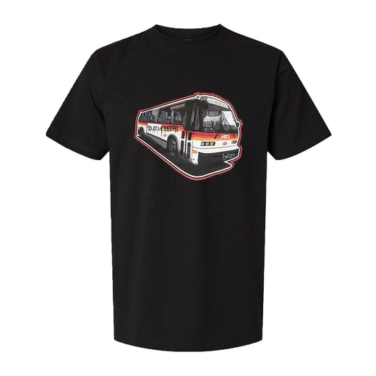 Black shirt with a photo print of an RTD public bus with graffiti