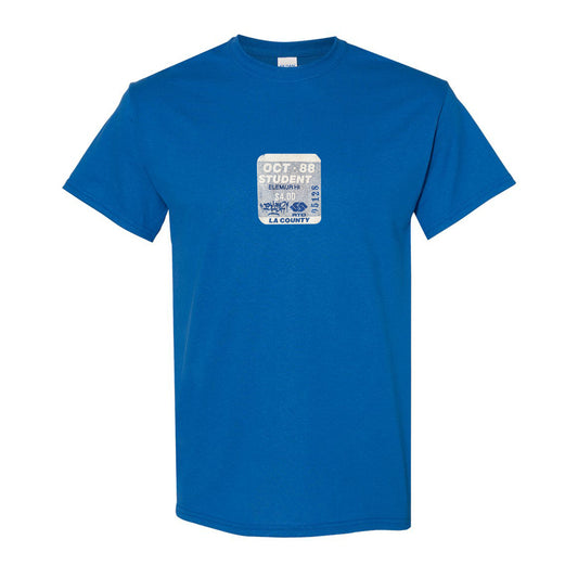 Royal blue shirt with white RTD bus stop sign