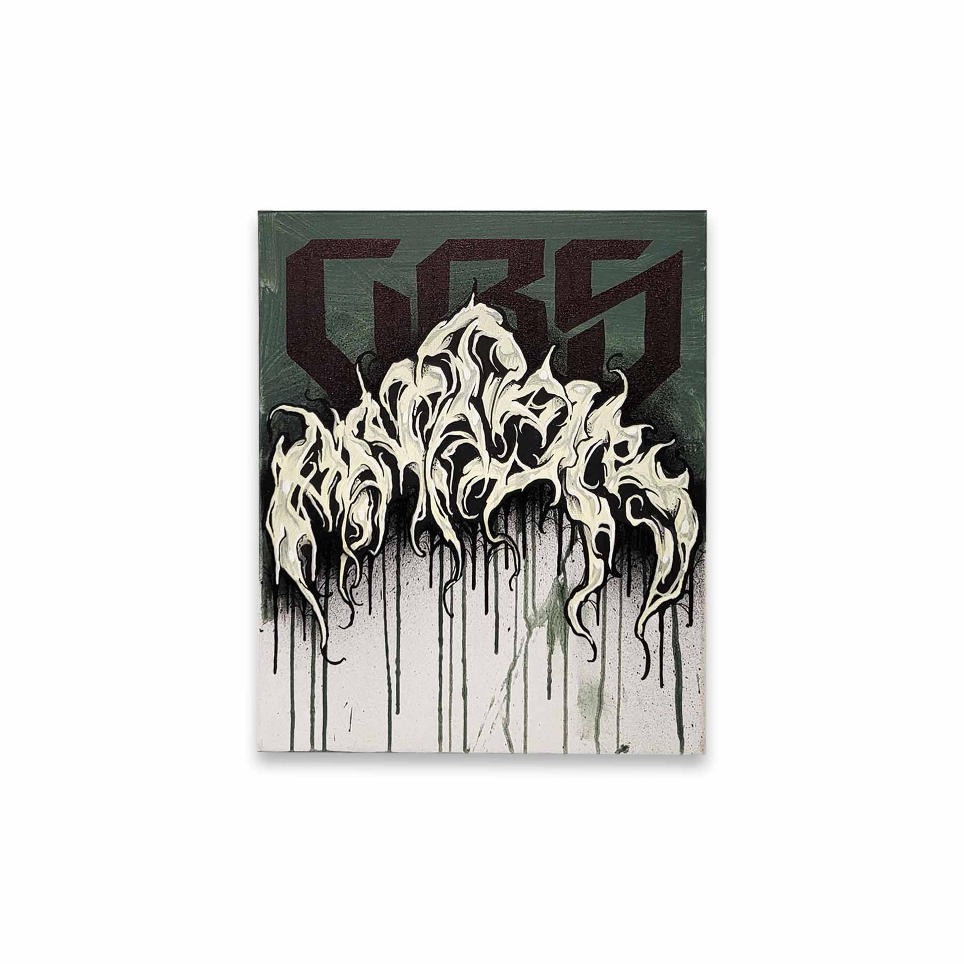 Graffiti style text and dripping designed painting on a white background.