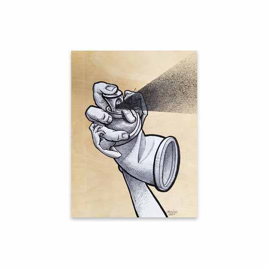 Black and white art hand on living spray paint can signed by Cale K2S on wood
