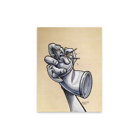 Wood panel with grey scale art of a hand and spray paint can signed by Cale