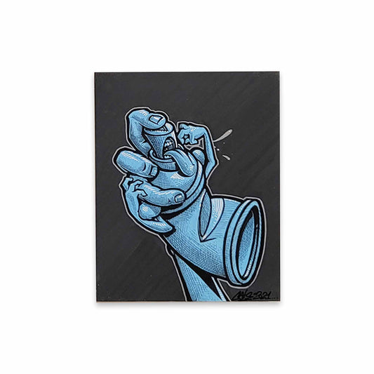 Black and blue art of a hand and spray paint character signed by Cale