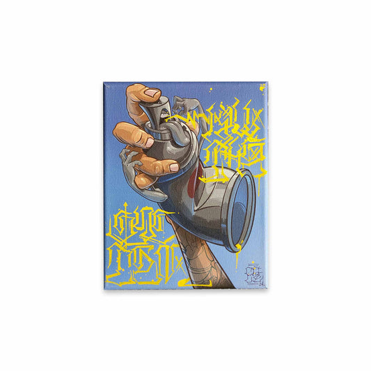 Digital printed canvas art of yellow handsyle letters and spray paint can character