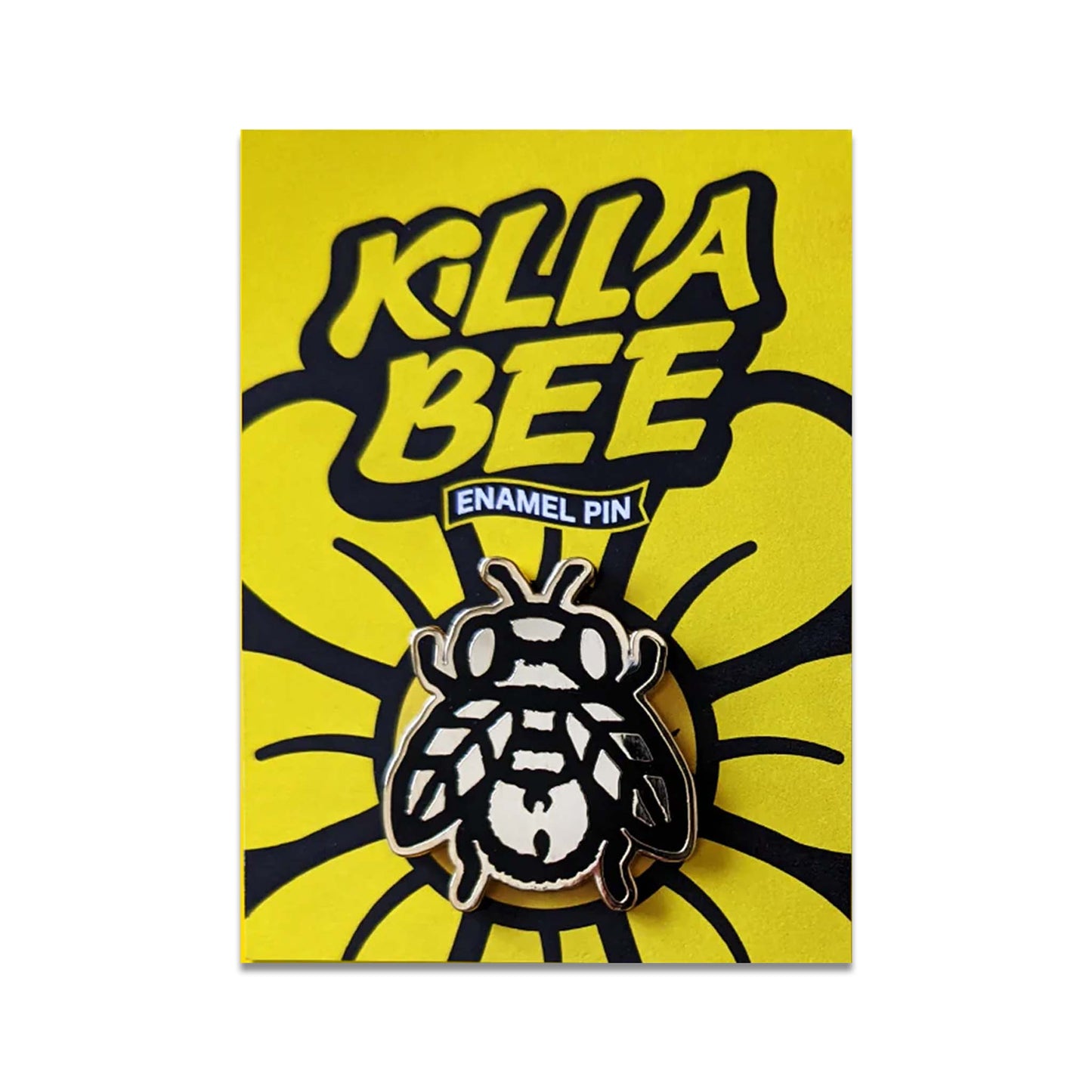A metal bee pin with the Wu-Tang Clan symbol on a yellow card reading 'Killa Bee - Enamel Pin' with a black outlined flower.