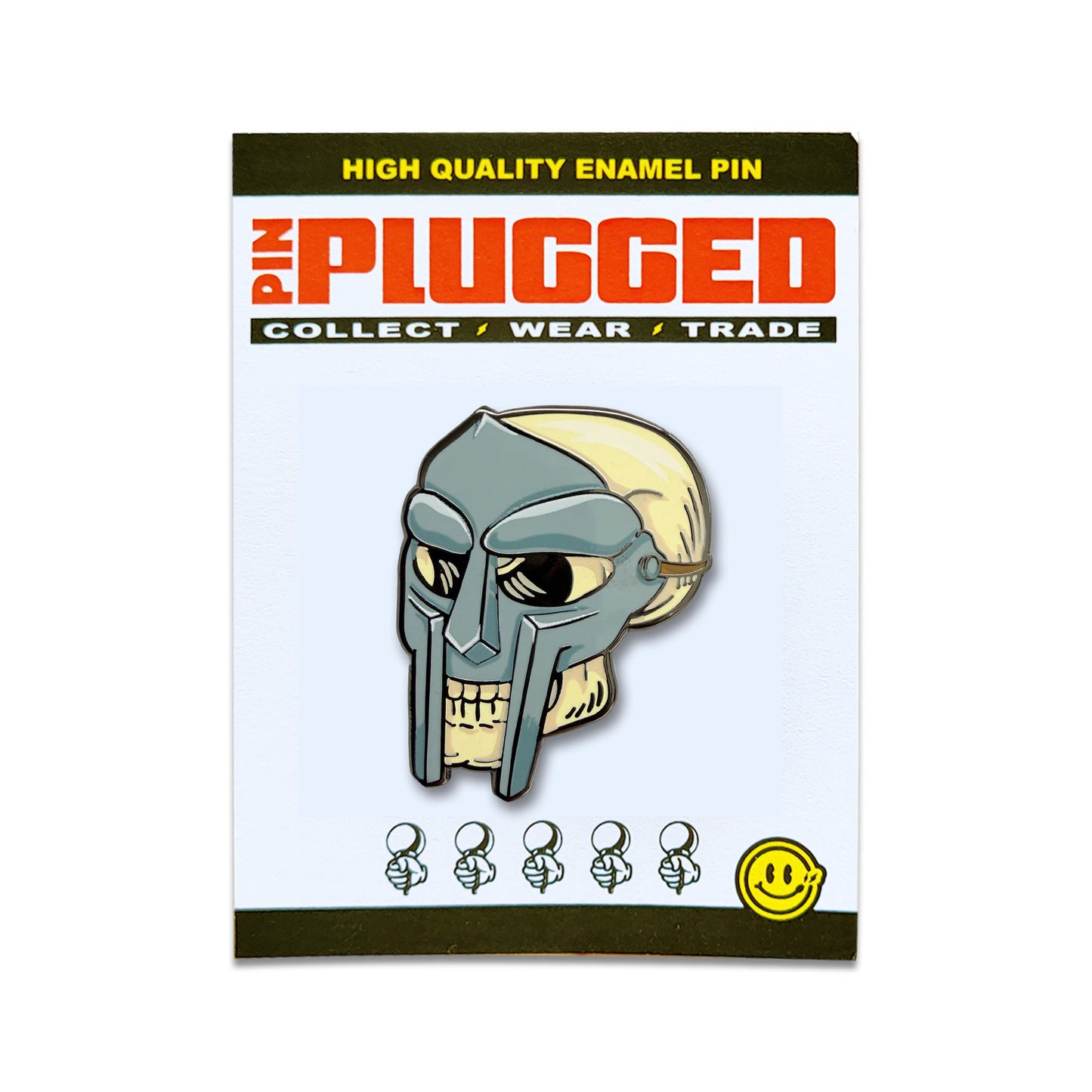 Enamel pin of MF DOOM mask with skull on white card and 'Pin Plugged' branding.