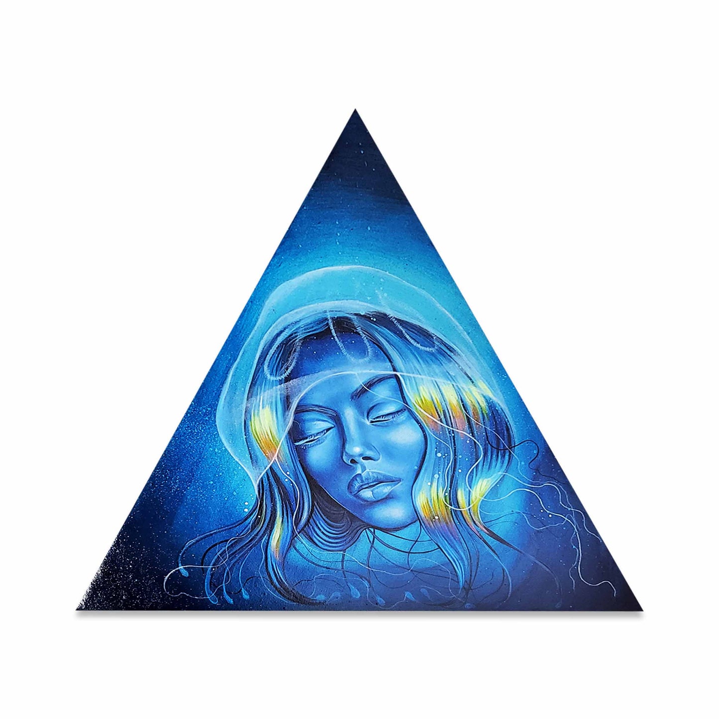 A triangle hyperrealistic painting of a women under water with a jellyfish on her head.