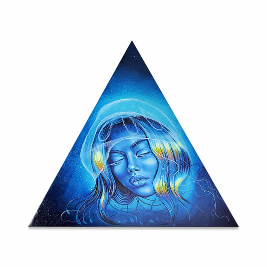 A triangle hyperrealistic painting of a women under water with a jellyfish on her head.