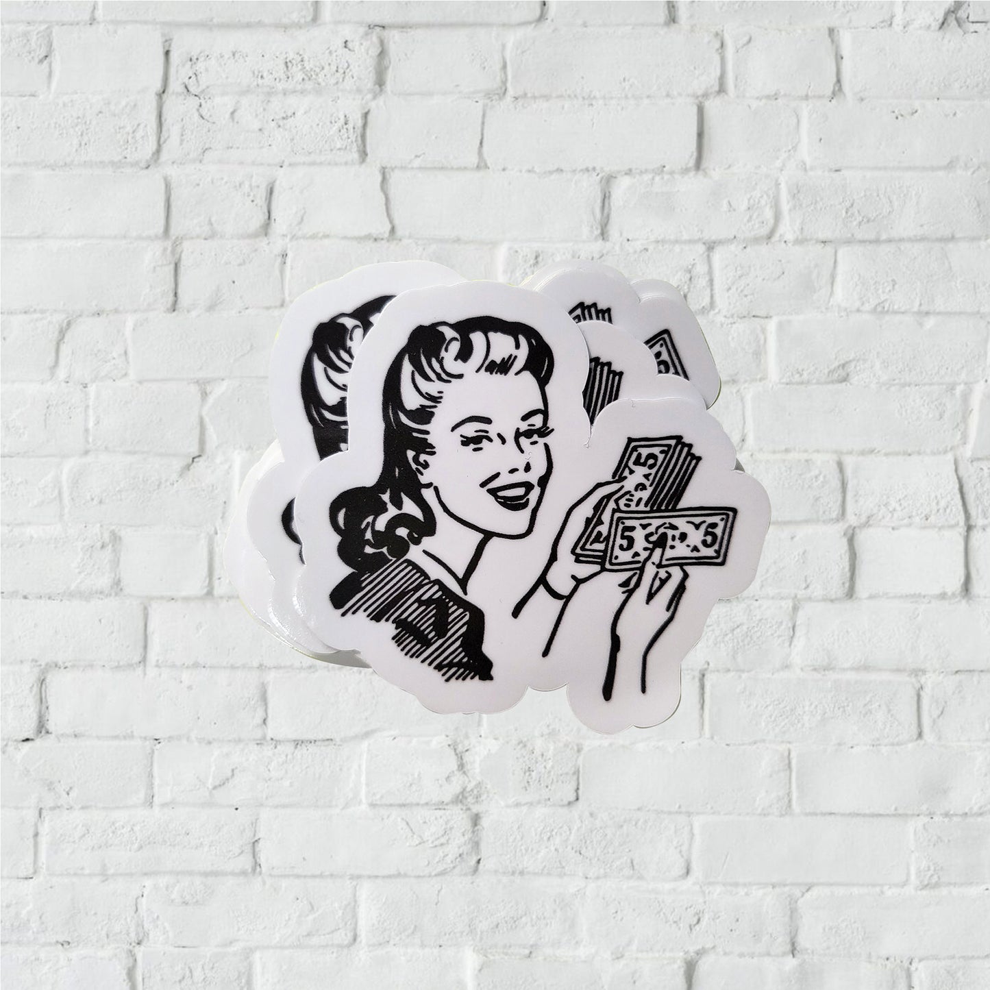 Black and white 50's style illustrated woman holding cash.