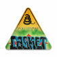 Triangular warning sign with snake symbol and spray-painted text of CASKET on a white background.