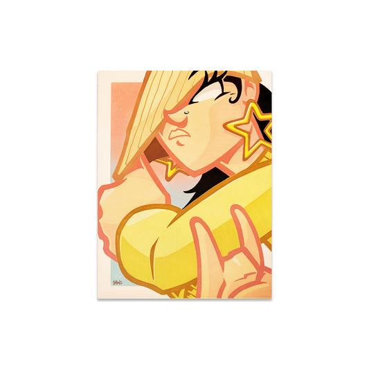 Graffiti style painting of a blond girl with a yellow sweater and star-shaped earrings.