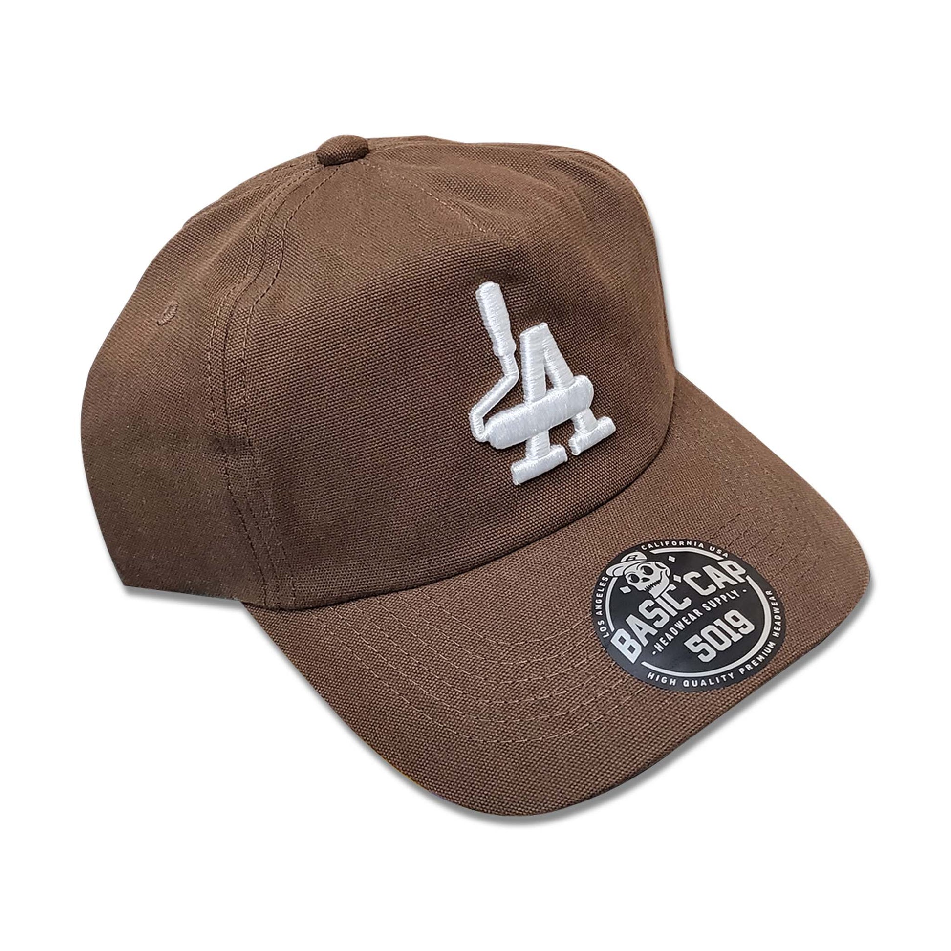 Brown hat with white embroidery of paint rollers in the shape of the acronym LA.