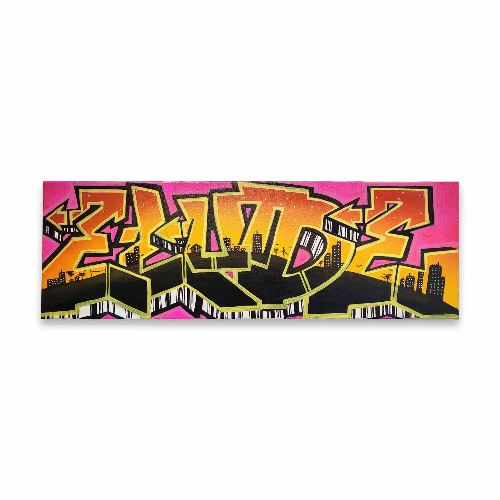 A graffiti painting of stylized letters encasing a city scape.