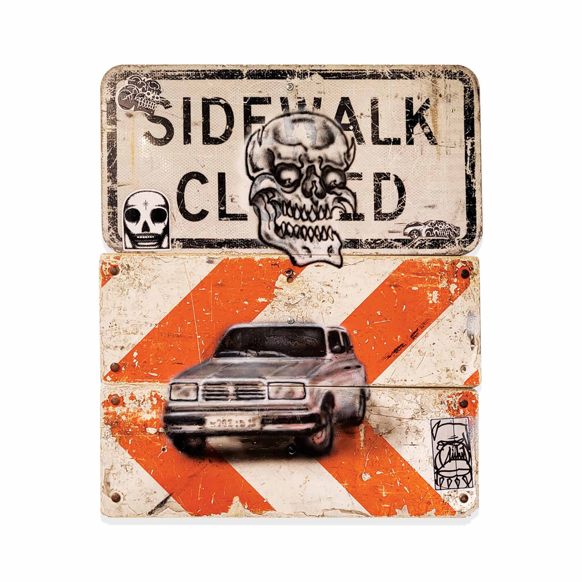 Graffiti style painting on group of traffic signs.