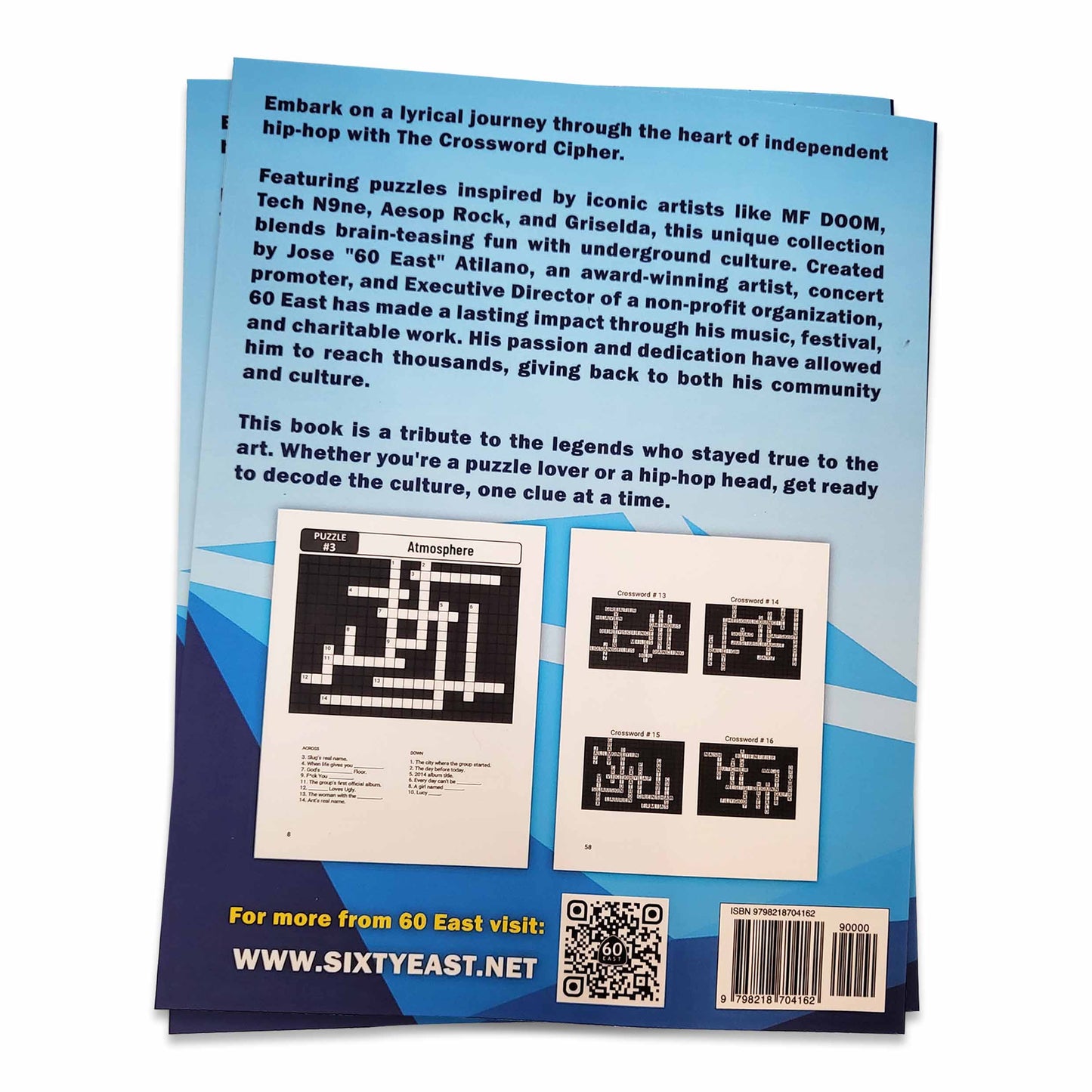 Paperback book back cover with a description of a hiphop themed crossword puzzle book by Jose "60 East" Atilano.