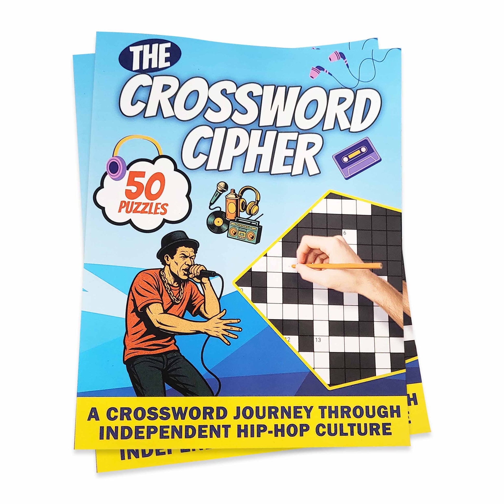 Book titled 'The Crossword Cipher' with a crossword puzzle and person holding microphone on cover.