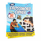 Book titled 'The Crossword Cipher' with a crossword puzzle and person holding microphone on cover.