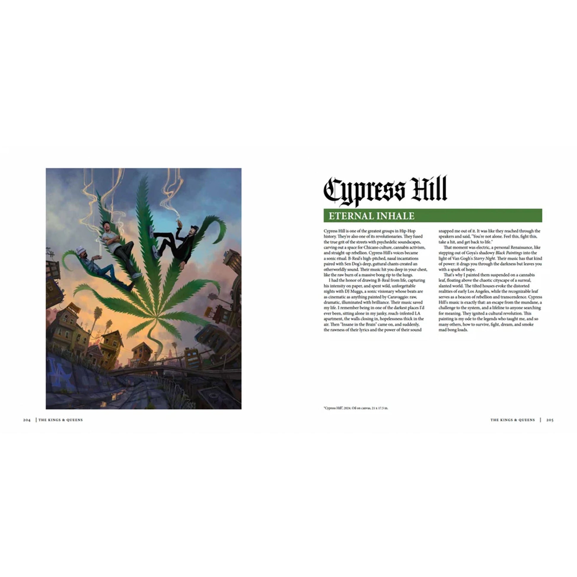 A book spread scan of pages 204-205 with a colored photo of a painting with large font 'Cypress Hill - Eternal Inhale' with an exerpt of Justin Bua's, The Book of Hip Hop.