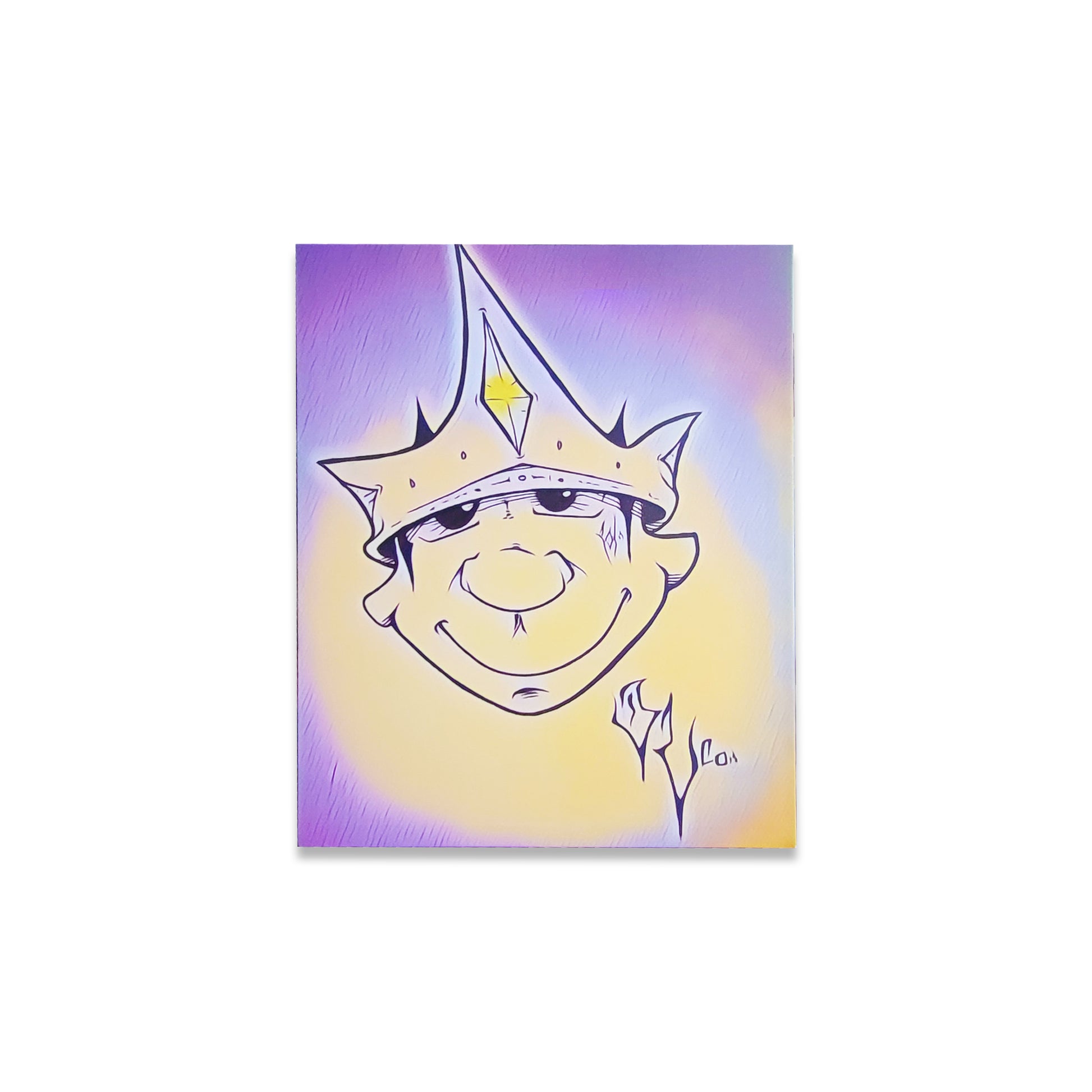 Purple and yellow printed canvas of character wearing a crown