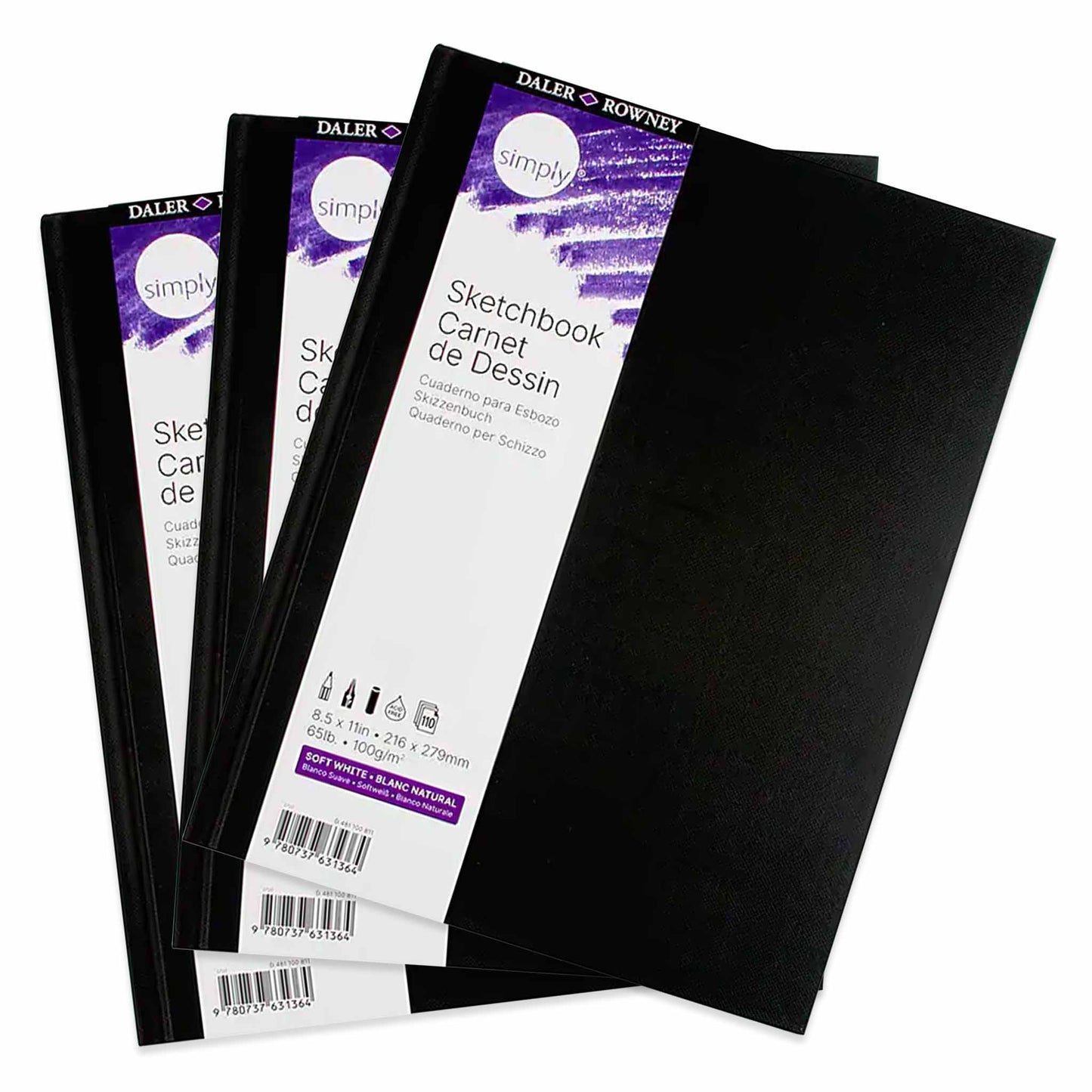 Stack of black cover sketchbooks with a white and purple 'Daler & Rowney' label.