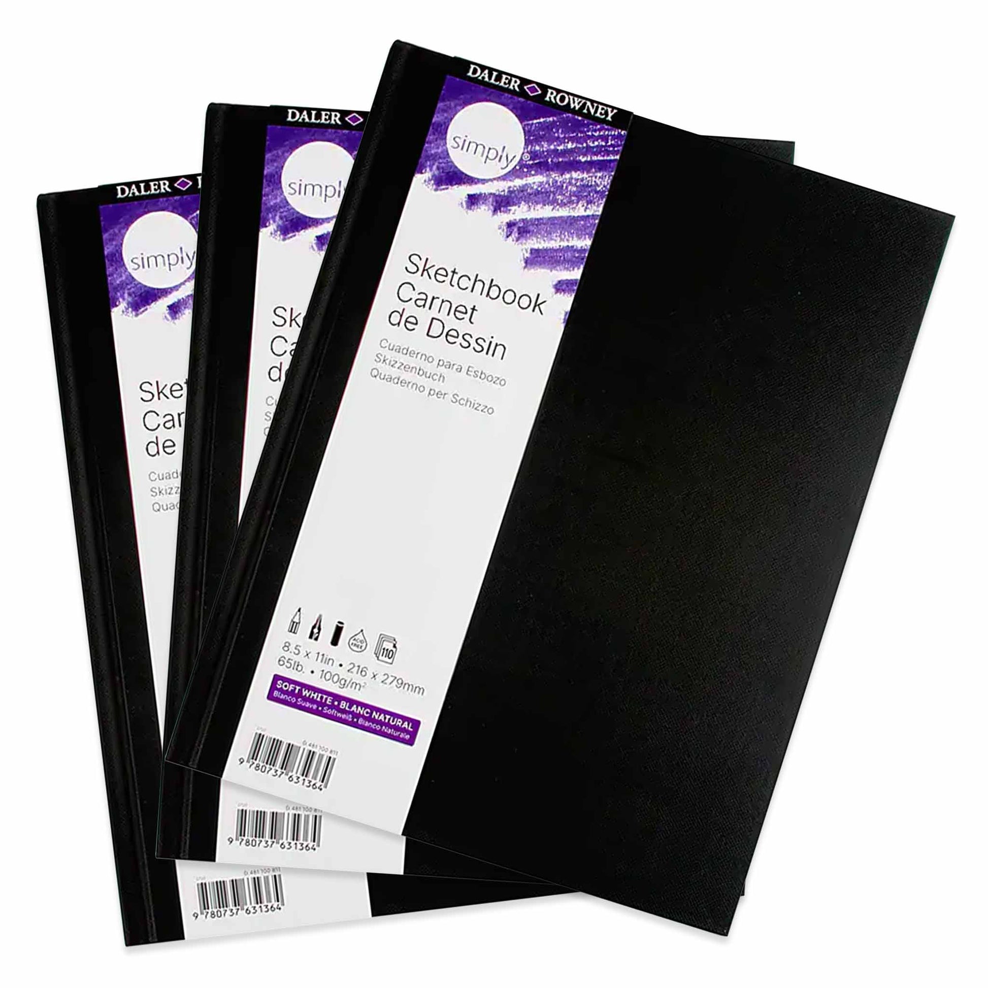 Stack of black cover sketchbooks with a white and purple 'Daler & Rowney' label.