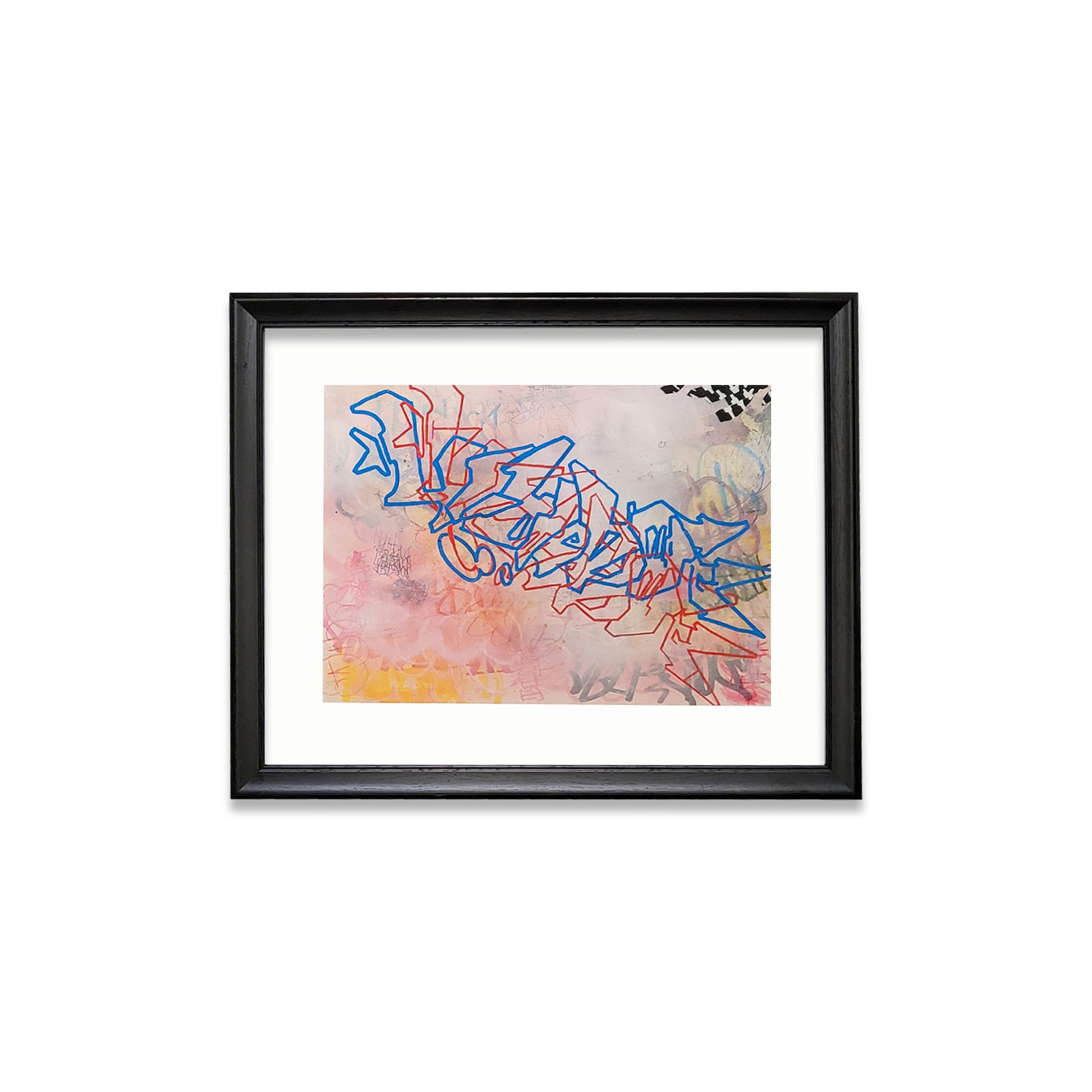 Red and blue original drawing on paper in black frame