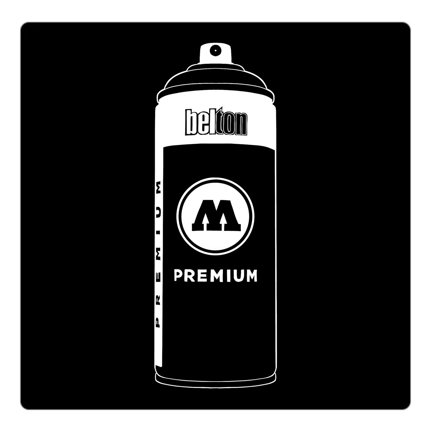 A black outline drawing of a black spray paint can with the words "belton","premium" and the letter"M" written on the face in black and white font. The background is a color swatch of the same black with a white border.