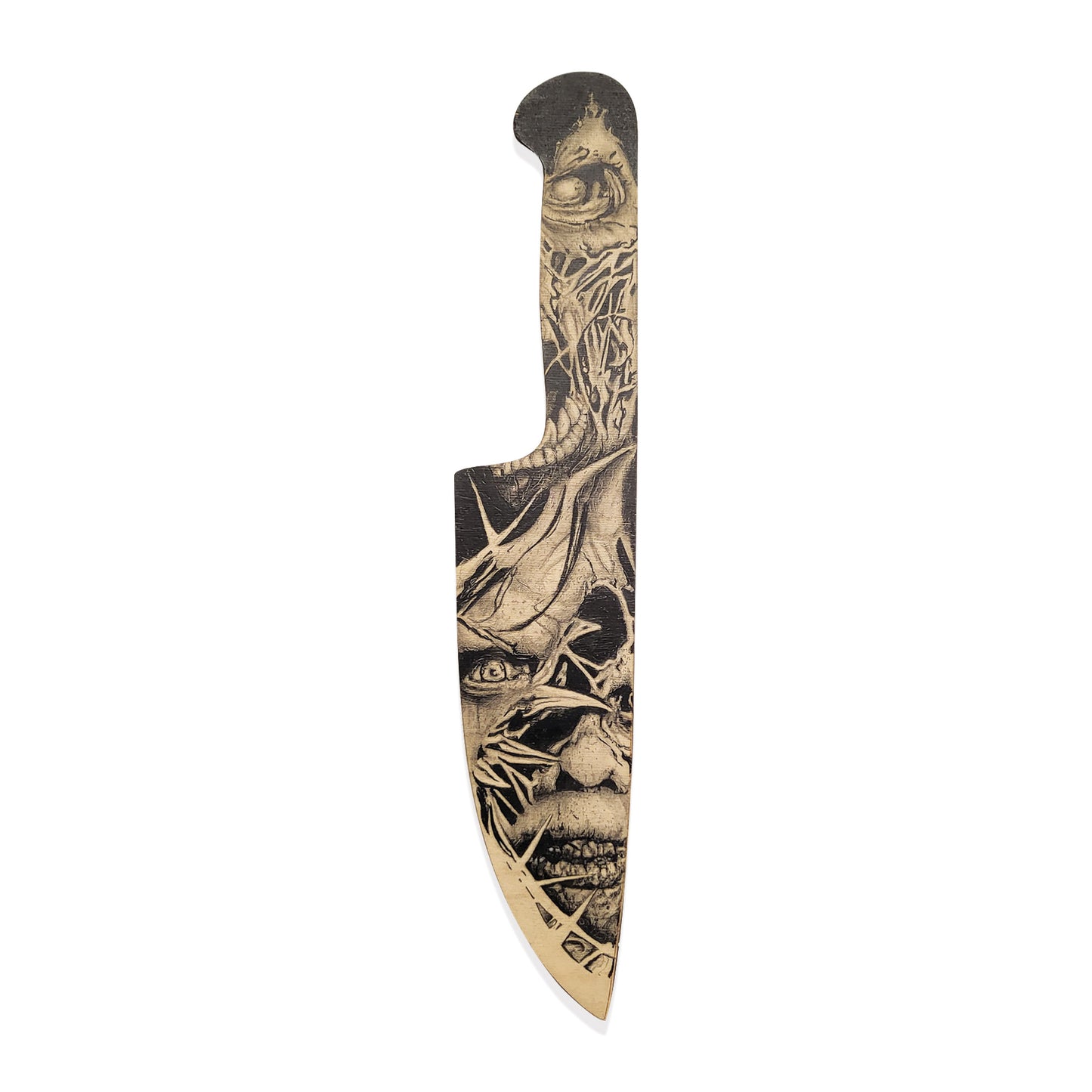 Wooden cut out of a knife with horror style art drawing.
