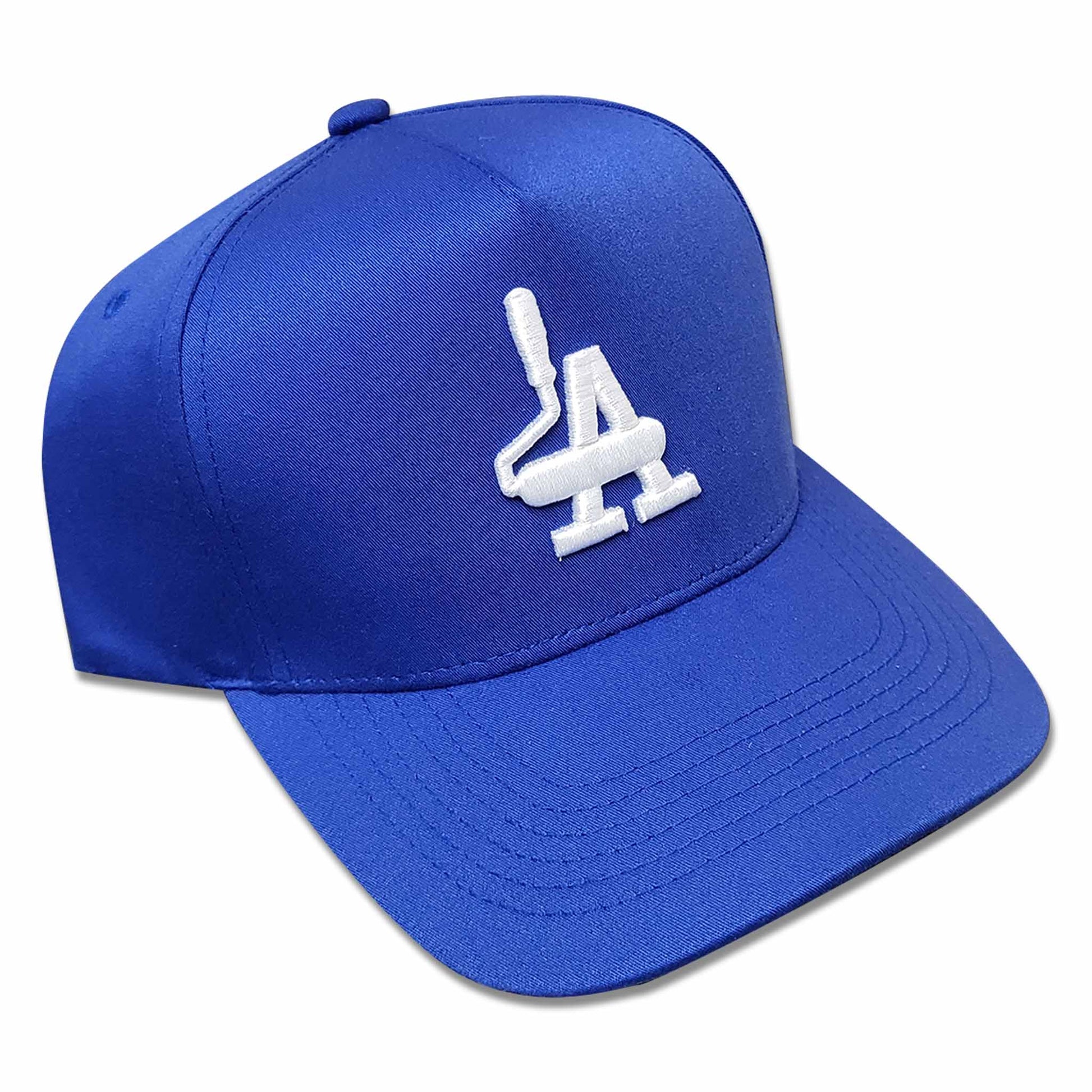 Dodger blue hat with white embroidery of paint rollers in the shape of the acronym LA.