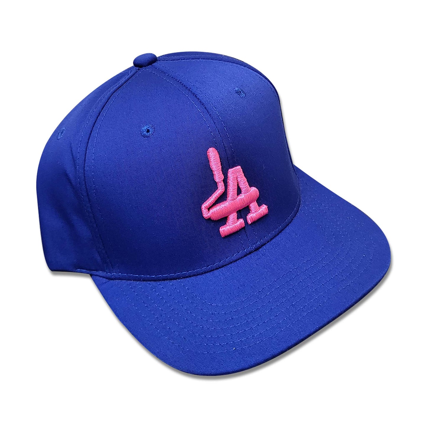 Dodger blue hat with pink embroidery of paint rollers in the shape of the acronym LA.
