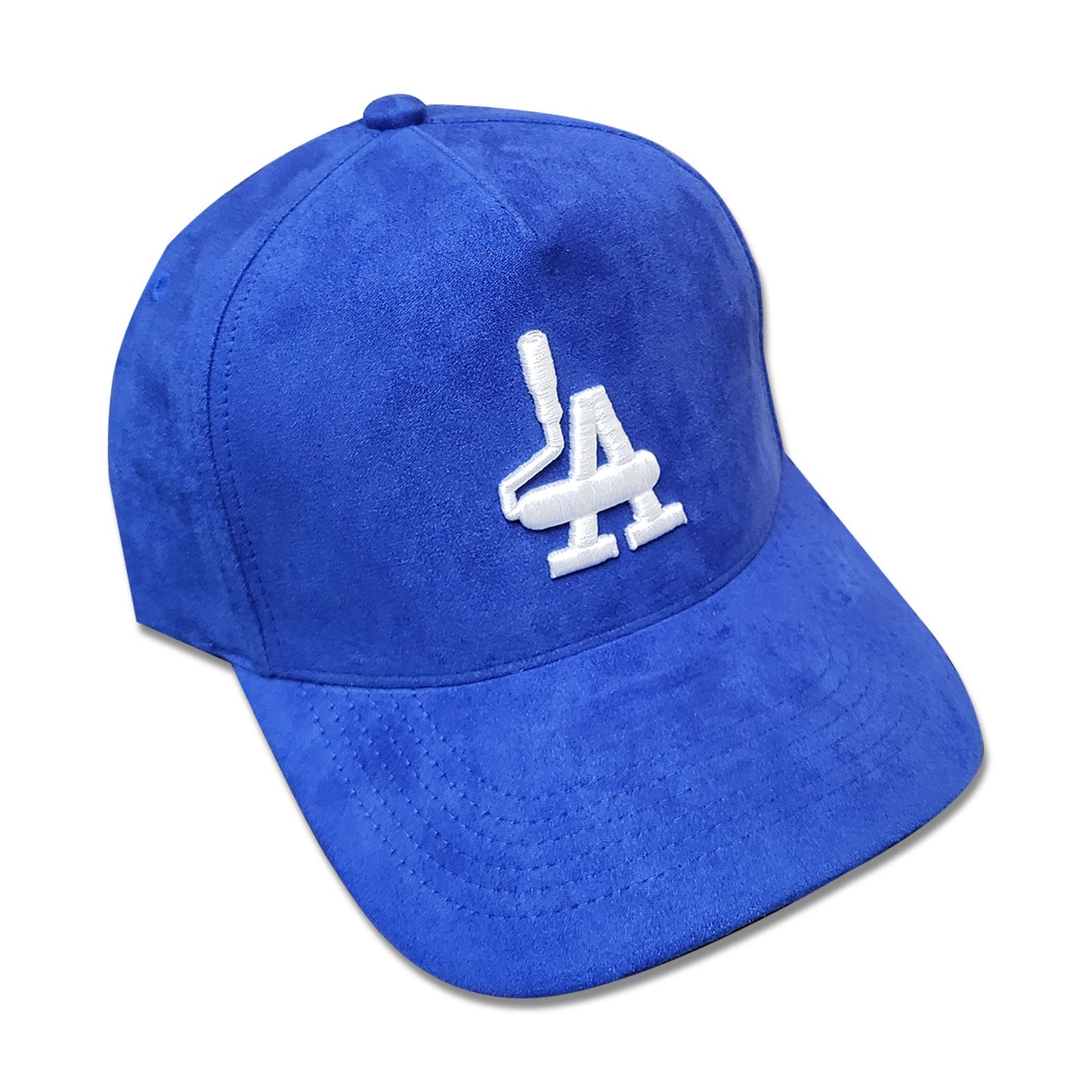 Dodger blue suede hat with paint rollers in the shape of the acronym LA.