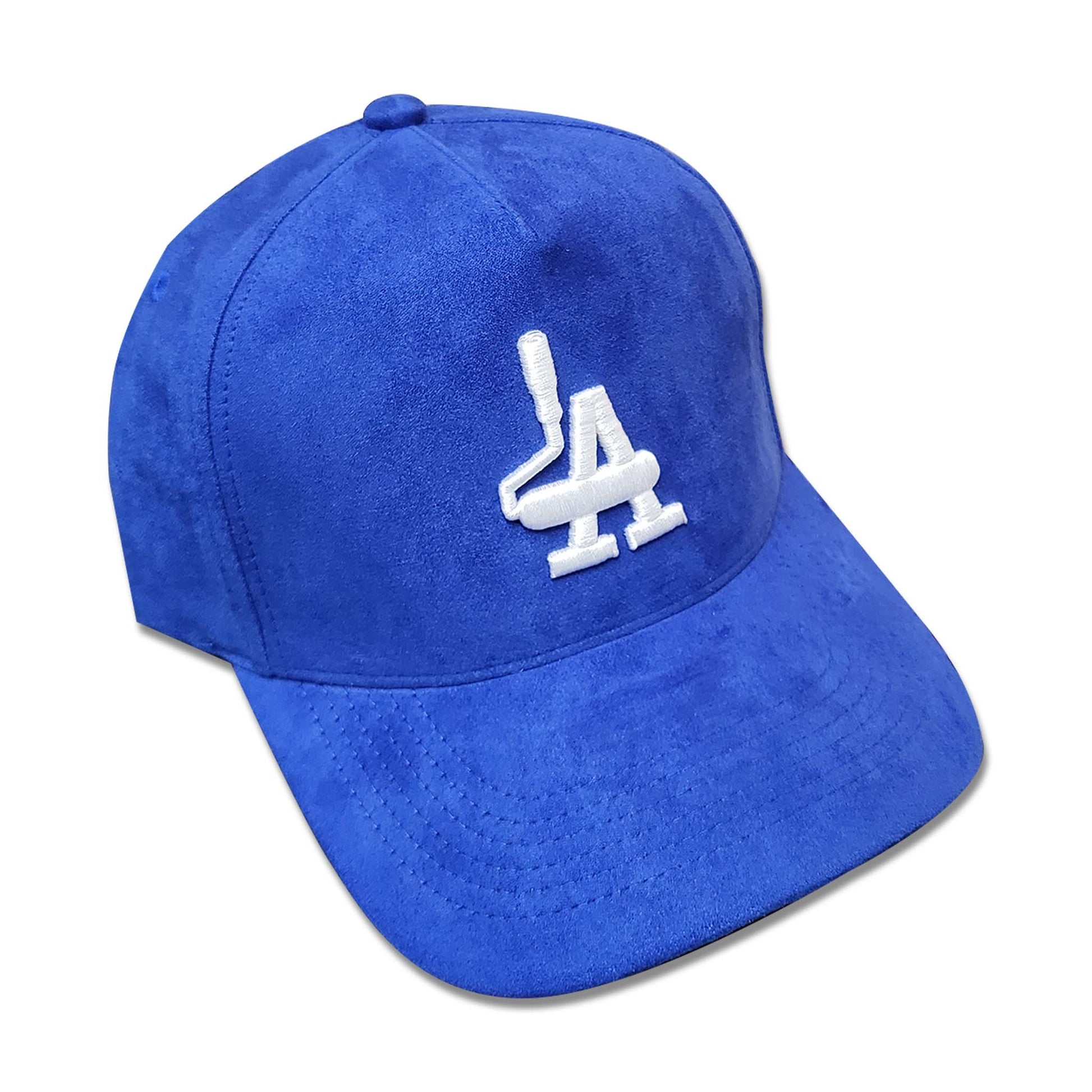 Dodger blue suede hat with paint rollers in the shape of the acronym LA.
