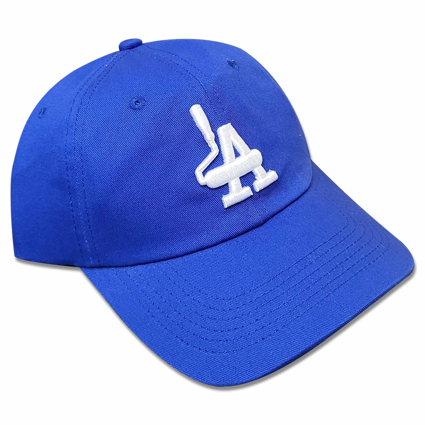 Dodger blue unstructured hat with white embroidery of paint rollers in the shape of the acronym LA.