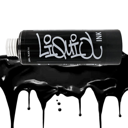 Bottle of Black Liquid Refill Ink with silver cap on a black dripping swatch